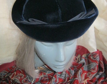 Vintage Dark blue black velvet hat cap, sailor style high brim hat, deepest inky blue velvet hat, Betmar Halle Bros. Co.
