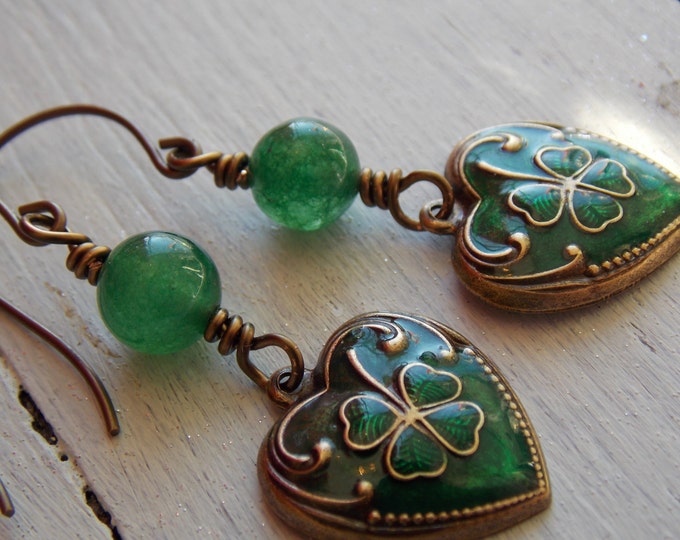 Enamel Heart Shamrock Clover Earrings, Vintaj Antique Brass, Genuine Gemstones. St Patricks Day, Lucky Irish Earrings
