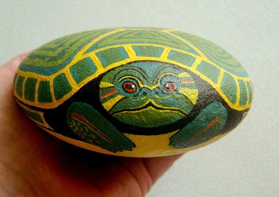 Snapping turtle painted rock ooak 3D art object by RockArtiste