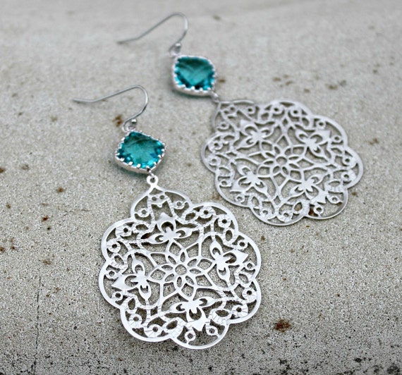 Silver and Teal Chandelier Earrings Large Filigree