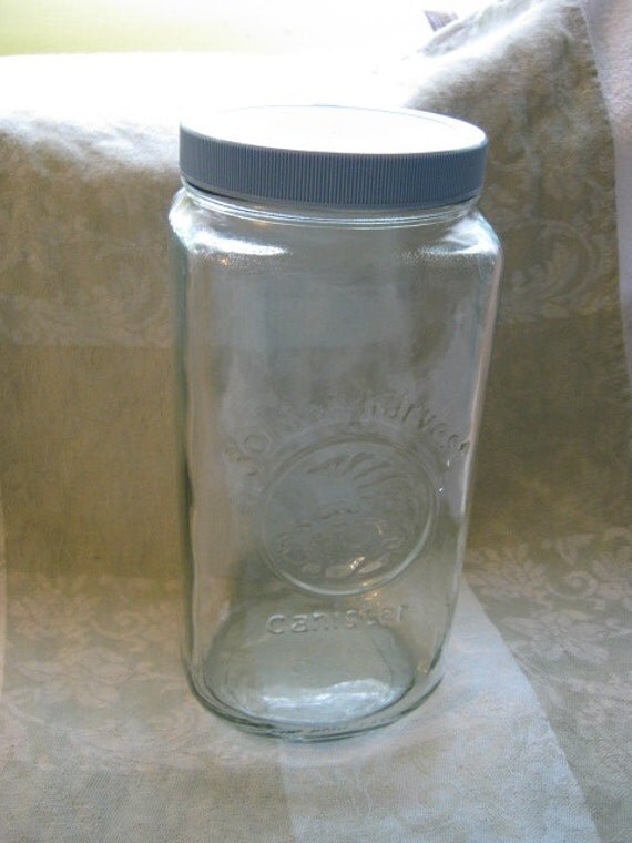 Vintage Golden Harvest Clear Glass Canister Jar Blue Lid for