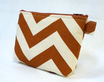 CLEARANCE SALE Zig Zag Chevron Fabric Gadget Pouch Cosmetic Bag Zipper Pouch Makeup Bag Cotton Zip Pouch Rust Natural