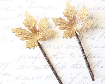 Raw Brass Maple Leaf Hair Pin - Maple Leaf Bobby Pins - Woodland Hair Pin Set - Whimsical - Nature - Bridal Hair Accessory