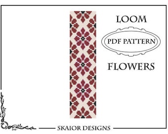 Loom Bead Pattern Flower Bracelet Square Stitch Pattern Daisy Loom Pattern Tribal Seed Beads Beading Pattern Red Blossom Bead Weaving PDF