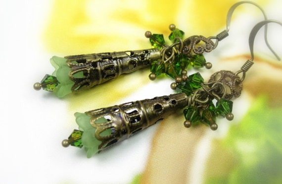 Victorian Style Earrings, Dangle Earrings, Sparkling Swarovski Crystal, Green, Topaz, Antiqued Brass, Filigree Bead Caps, Spring, Lime Green