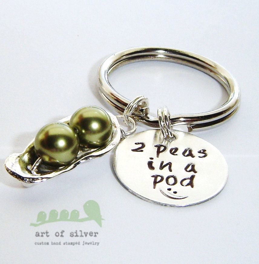 2 Peas In A Pod Hand stamped Keychain for twins and moms