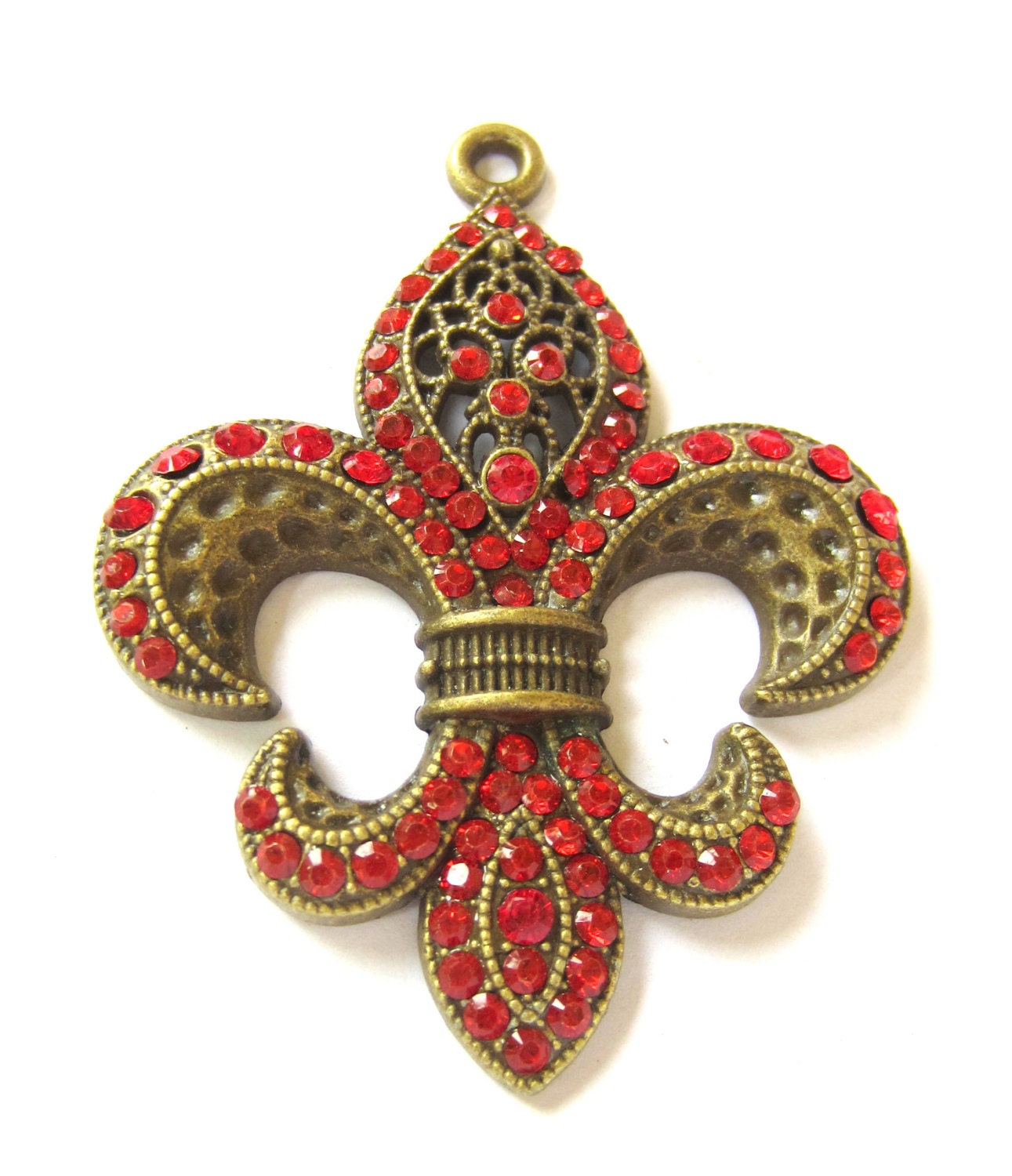 Focal Fluer De Lis pendant antique bronze charm red rhinestones jewelry enhancer 63mm x 82mm 7mm  B0452