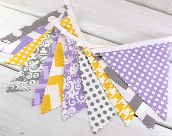 Bunting, Banner, Fabric Flags, Baby Girl Nursery Decor, Photography Prop, Garland - Lavender, Purple, Gray, Yellow, Grey, Chevron, Damask