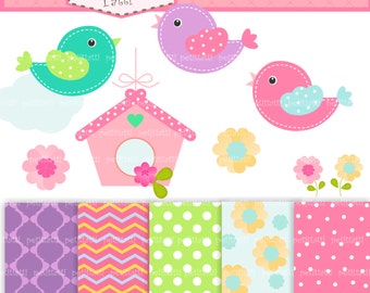 bird clip art, Matching Bird, digital papers., Bird and Birdcage, Pink, green , Instant download clip art, Digital paper