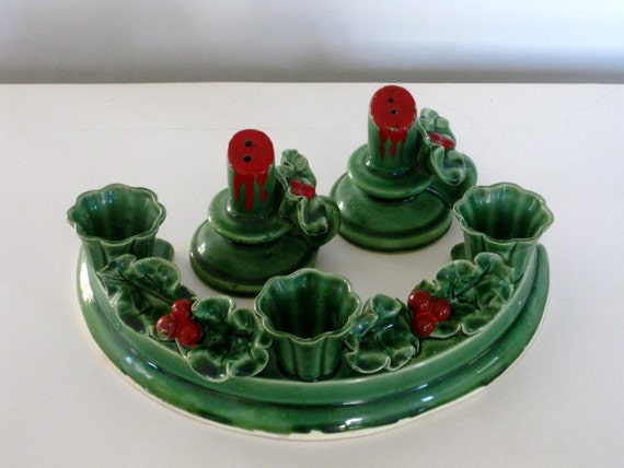 Vintage Christmas Ceramic Holly Berry Candle holder and