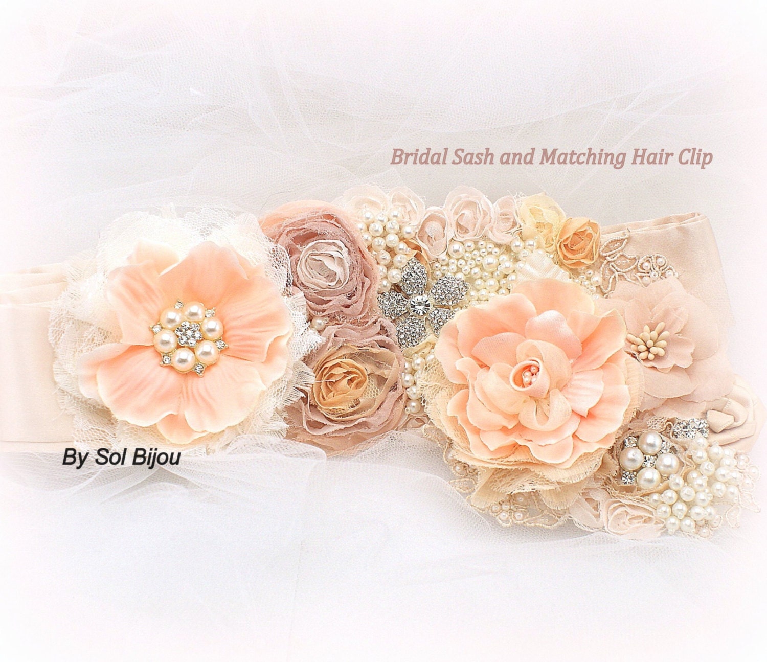 Peach Sash Bridal Peach Hair Clip Fascinator Ivory