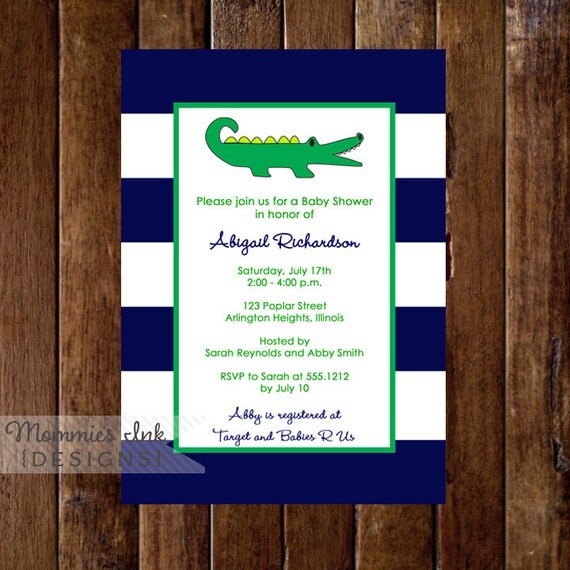 Baby Shower Invitation, Alligator Baby Shower Invitation, Gator Baby Shower, Preppy Invitation, Rugby Stripes Invitation, Navy, White, Green Il_570xn