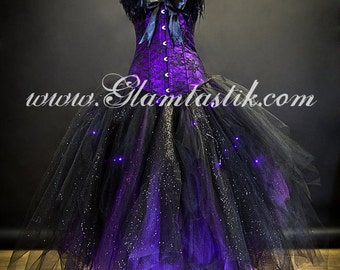 Custom Size Light up Purple and Black lace feather sparkle Burlesque Corset prom dress