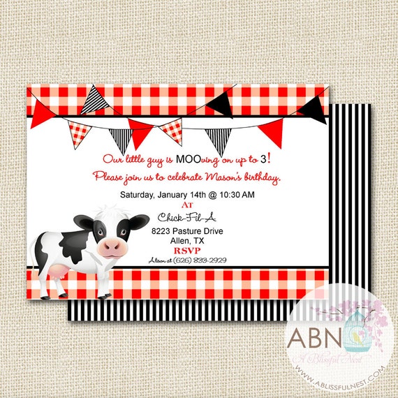 Cow Barnyard Animal Invitation - Chick Fil A Invitation - PRINTABLE Party Invitation - By A Blissful Nest Il_570xn