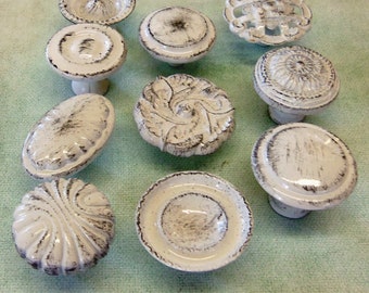FREE SHIPPING Drawer Pulls Knobs Collection 10 Vintage Chippy Distressed Shabby Cottage Chic White