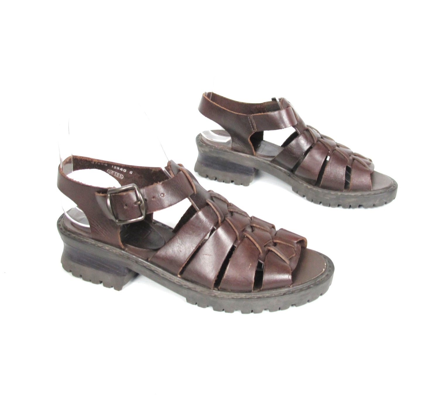 90s Brown Leather Chunky Heel Sandals Woven Summer Hipster