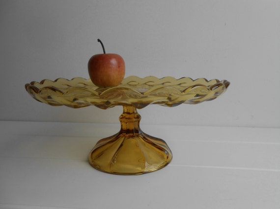 Vintage Pedestal Cake Plate Amber Glass 1940s 7278