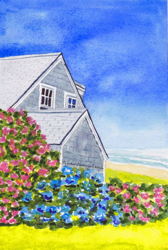 Beach House WaterColor Painting Gift Idea Cottage Maine