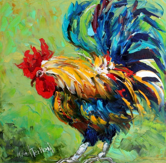 Fine Art Print Rooster from oil painting by Karen Tarlton - Bad Barnyard Bird in Blue