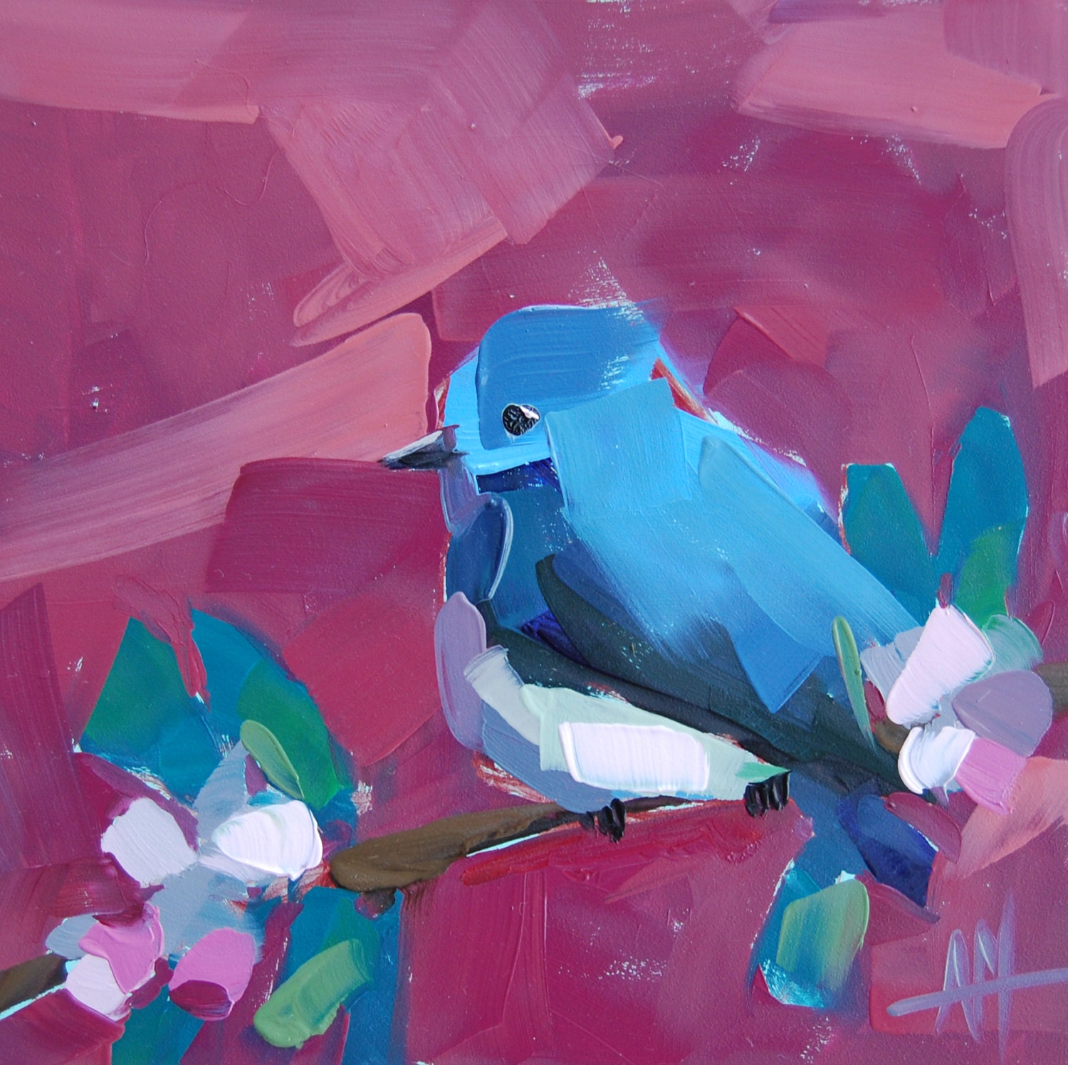 Bluebird and Crabapple Blossoms original bird oil painting by