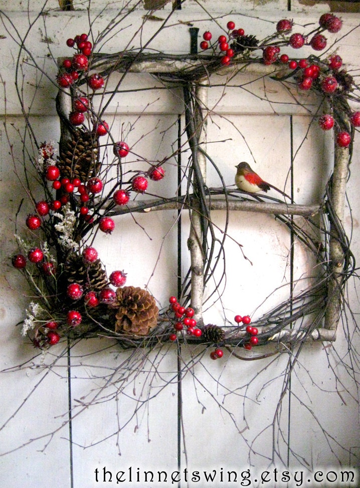 Crimson Berry Window - Winter Wreath - Birch Window