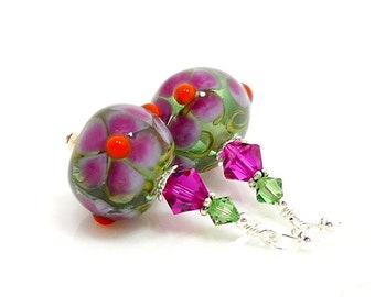 Pink Earrings, Colorful Earrings, Lampwork Earrings, Glass Earrings, Glass Bead Earrings, Beadwork Earrings, lampwork Flower Earrings