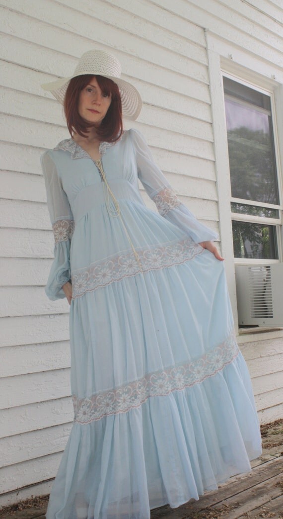 Vintage Gunne Sax 70s Blue Corset Prairie Dress S 9 Boho Lace