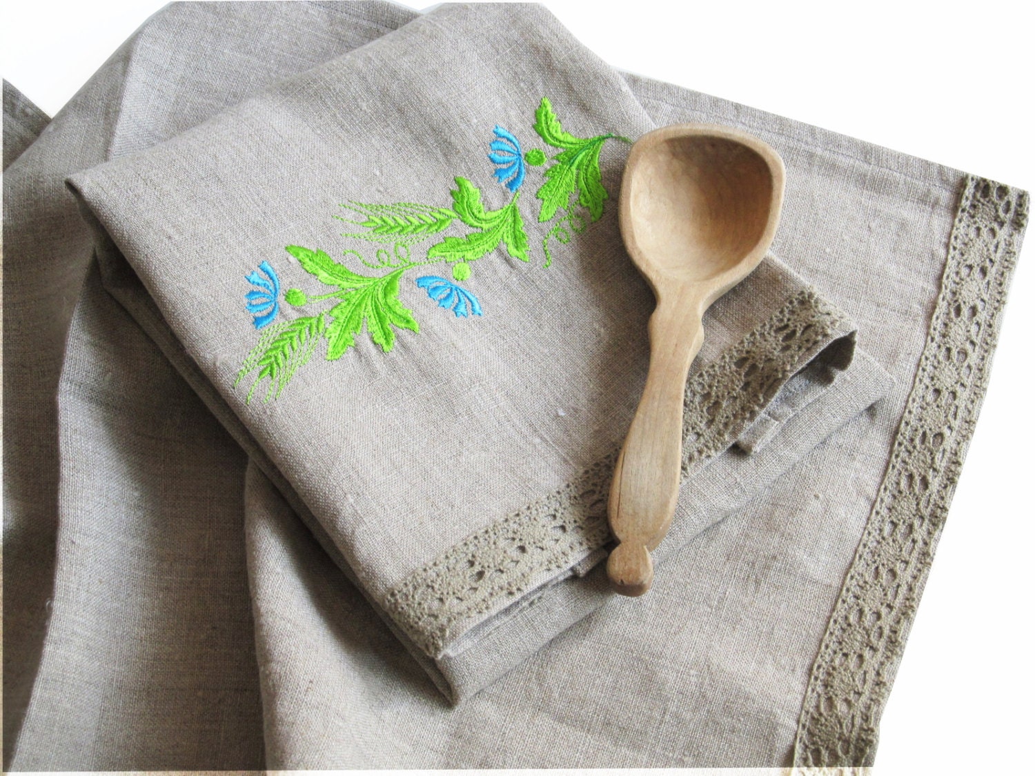 Natural Linen Tea Towel Embroidered Floral Hand Towel