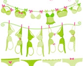 Lingerie Line Lime Green Cute Digital Clipart - Commercial Use OK - Bras on Clothesline, Breast Cancer Awareness Graphics Il_170x135