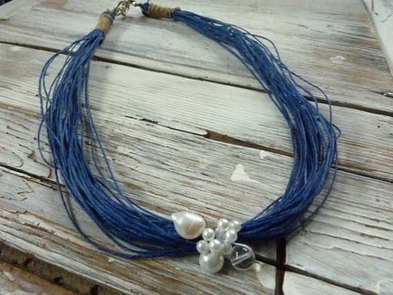 Navy Blue Linen Ocean Necklace with white Pearls