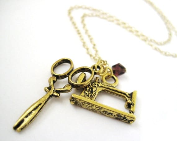 Gold Sewing Machine Necklace - Seamstress Jewelry - Gift For Sewer - Birthstone Necklace