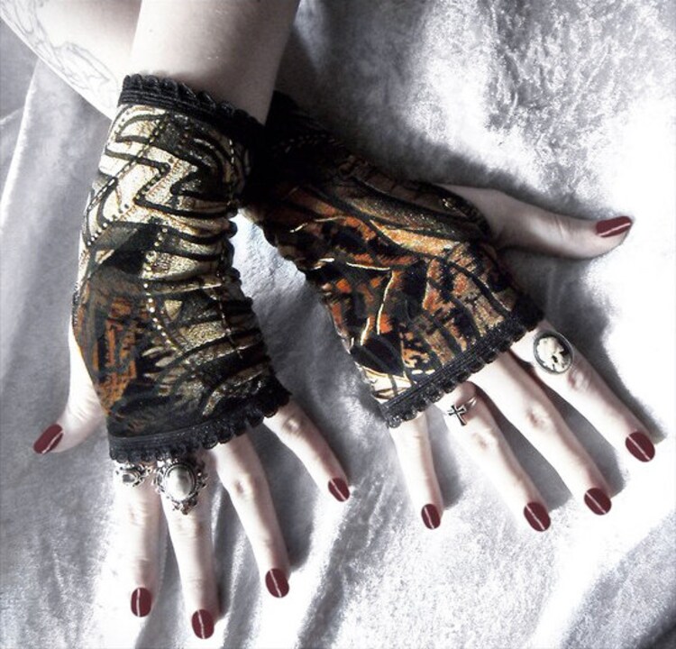 Velvet Fingerless Gloves in Black Brown Golden Tan by ZenAndCoffee