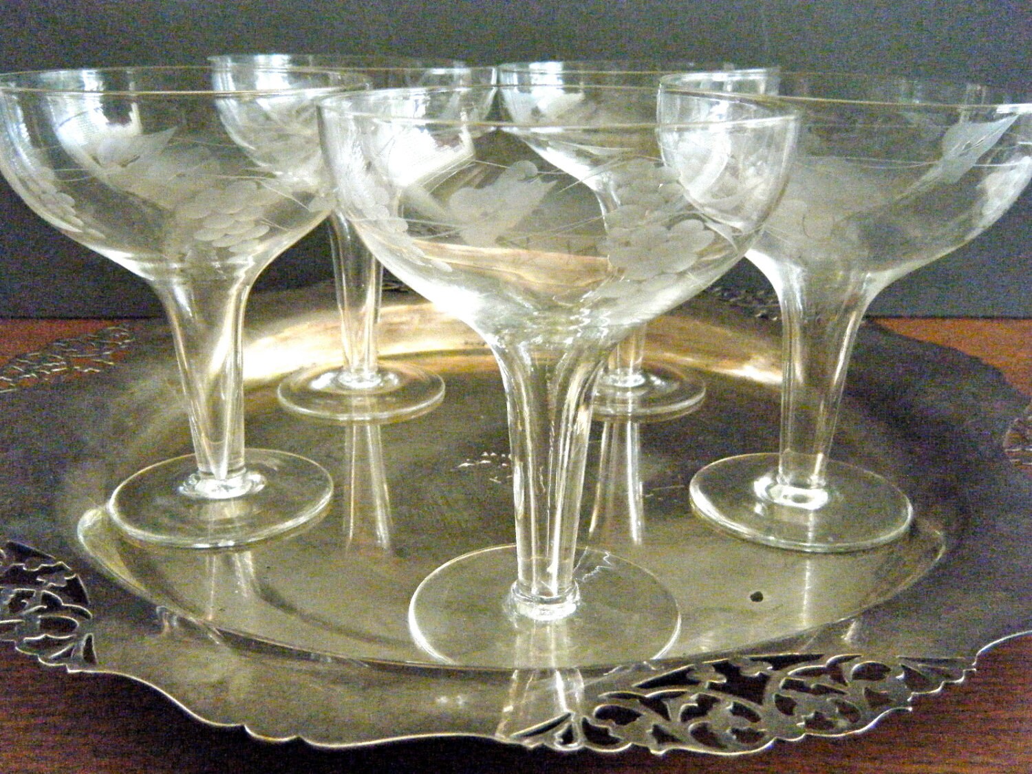 Vintage HOLLOW STEM Champagne Coupes Etched Grape and Leaf