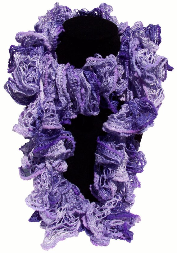 Crochet Purple Ruffle Scarf Lavender Chenille Lacy Scarf Birthday Gift Spring Scarf Easter Scarf