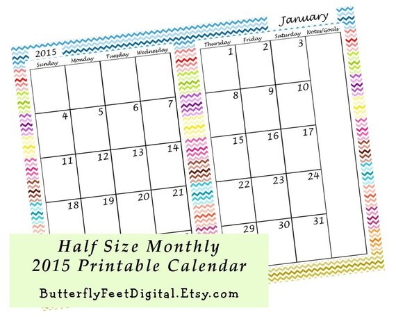 sale printable half size calendar 2015 by butterflyfeetdigital