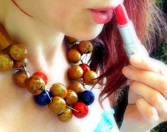 Chunky Necklace, Linen Necklace, Tagua Nut Necklace, Natural Necklace, Bombona Beads, Orange Brown Beads
