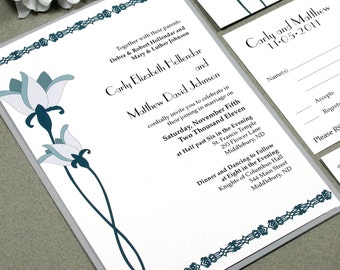 Art Deco Wedding Invitation Suite, Lily Wedding Invitations, Gray and Blue Wedding Invite Pocket Set, Geometric Wedding Invites Art Nouveau