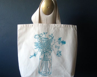 Screen Printed Recycled Cotton Tote Bag - Eco Friendly Grocery Tote - Canvas Tote Bag - Large Tote - Wildflowers Book Bag - Project Bag