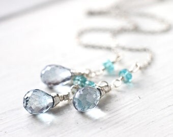 Light Blue Mystic Quartz Gemstone Oxidized Sterling Silver Necklace - Dancing in the Rain
