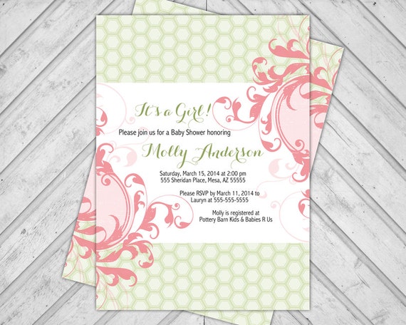 Printable baby girl shower invitation - coral and green - modern girl baby shower invite - unique - DIY digital file or printed (757) Il_570xn