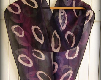 Silk Scarf , Hand Painted, in shades of black and Purple