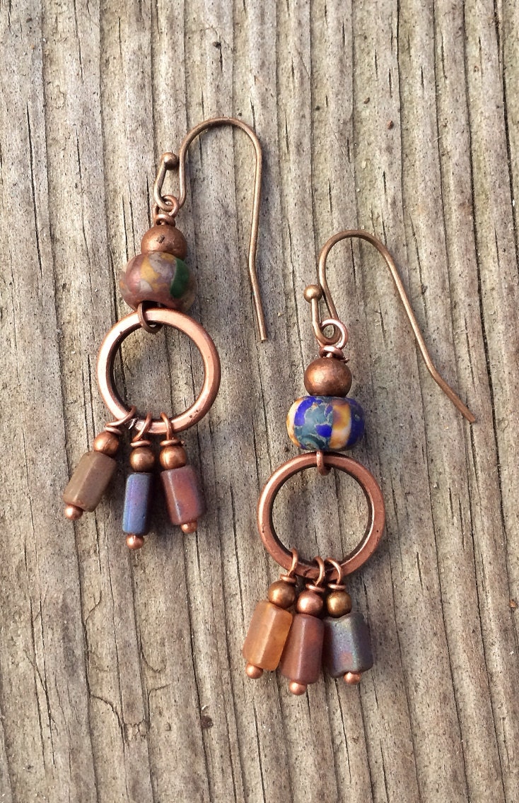 Colorful Boho Small Copper Dangle Earrings E741 By Rusticajewelry