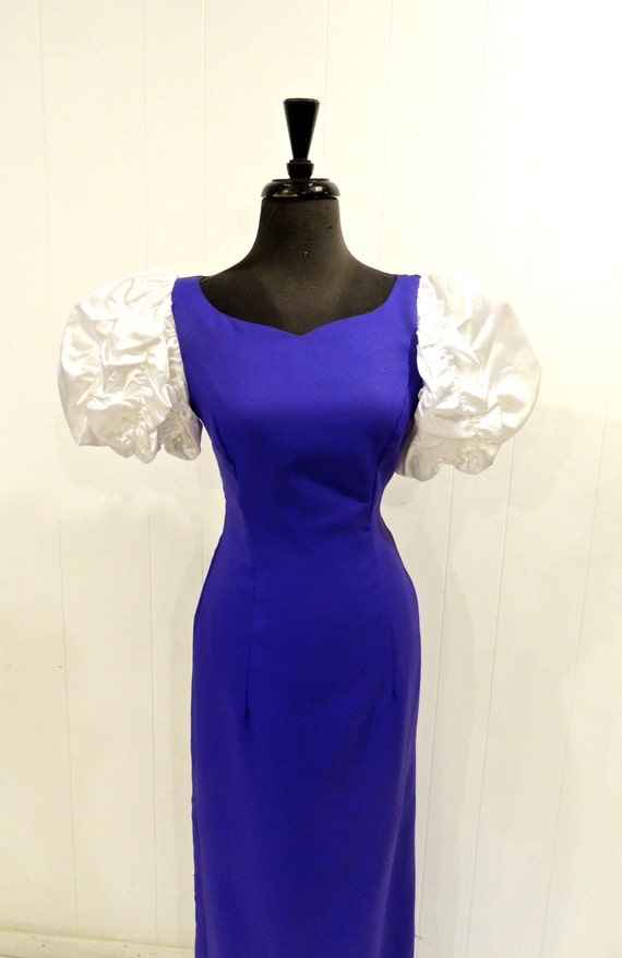 SALE vintage puff-sleeve evening gown - 1980s purple/white cutout back ...