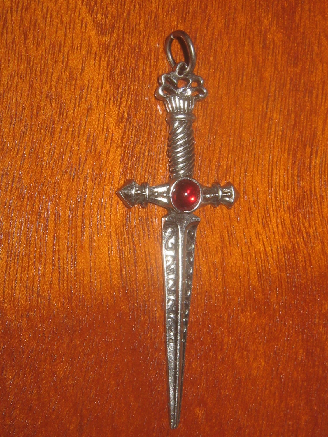 Pewter And Red Crystal Sword Pendant Necklace
