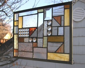 Mission Style Study in Clear Textured and Warm Tones - 10" x 12" -Stained Glass Panel