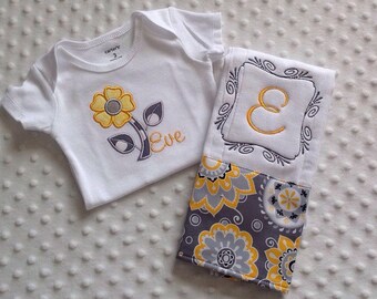 Baby Girl Personalized 2 Piece Gift Set - Bodysuit and Burp Cloth-Yellow and Gray Florals