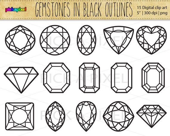 Gemstones Diamonds in Black outlines Digital clip art