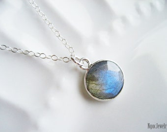 Labradorite Necklace, Gemstone Bezel Sterling Silver Necklace, Single Round Natural Stone Necklace, Simple, Delicate, Minimal, Gift for Her