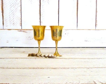 Vintage distressed brass metal wine goblets/decorative metal drinking stemware cups/set of 2