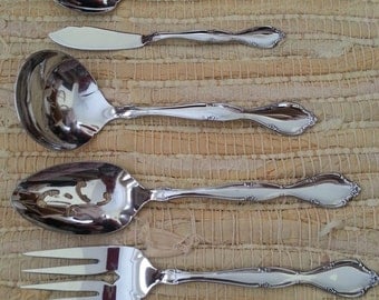 Vintage Set of Five SSS by Oneida Stainless Steel Serving Set Meat Fork Ladle Sugar Spoon Butter Knife and Serrated Spoon